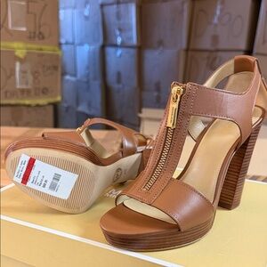 Michael Kors Cognac Leather Block Heel Sandals